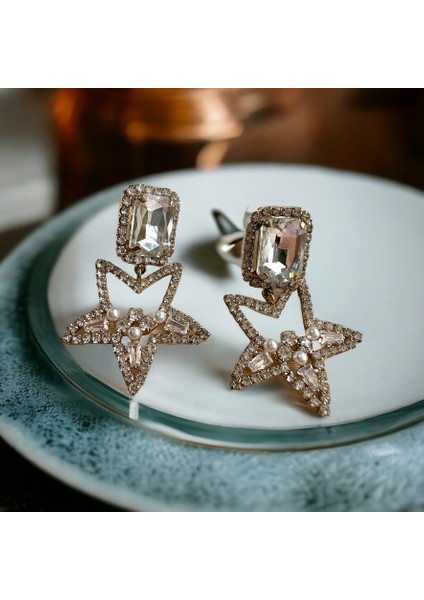 Kadın Gold Renk Zirkon Taşlı Iç Kısmı Incili Yıldız Küpe fiyatları