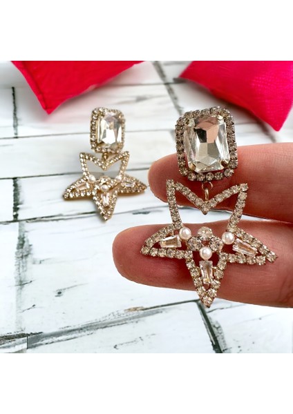 Kadın Gold Renk Zirkon Taşlı Iç Kısmı Incili Yıldız Küpe modelleri