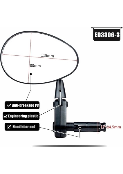 ED3306-3 Sol Stil Easydo Bisiklet Gidon Reflektör Dikiz Aynası Dağ Bisikleti Elektrikli Bisiklet Scooter Hd Geniş Menzilli Ayarlanabilir Açı Aynası (Yurt Dışından)