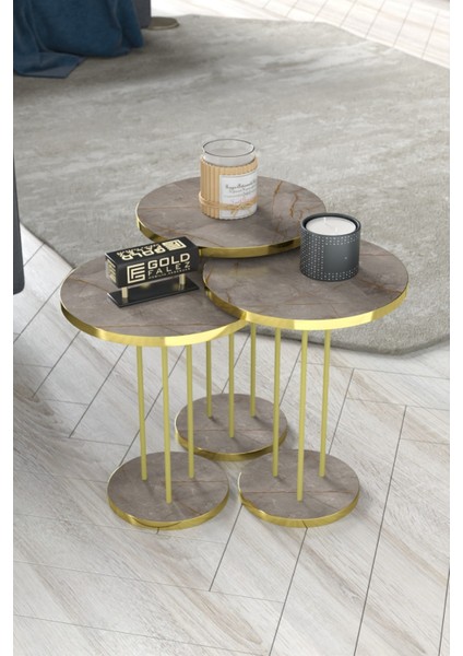 Falez Gold Zigon Sehpa – Metal Gövdeli, Altın Kenar Detaylı 34 cm Yonga Levha Tabla, Salon ve Oturma Odası için Şık Tasarım