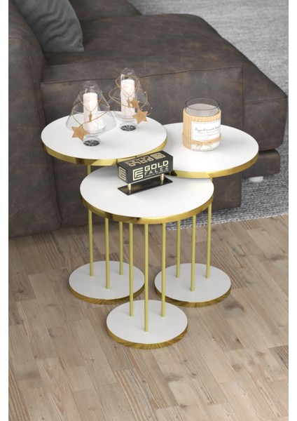 3'lü Zigon Sehpa Seti Suntalam Üst Tabla Metal Ayak Altın Detaylı Modern 34x22 cm