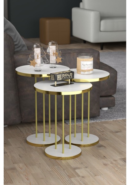 3'lü Zigon Sehpa Seti Suntalam Üst Tabla Metal Ayak Altın Detaylı Modern 34x22 cm fiyatları