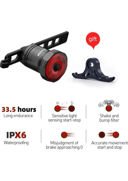 Mx2 Sele Borusu Tutucu Stili Meroca Yükseltme Akıllı Bisiklet Arka Işık Otomatik Startstop Fren Algılama Bisiklet Işığı Ipx6 Su Geçirmez LED Şarj Bisiklet Arka Lambası (Yurt Dışından)