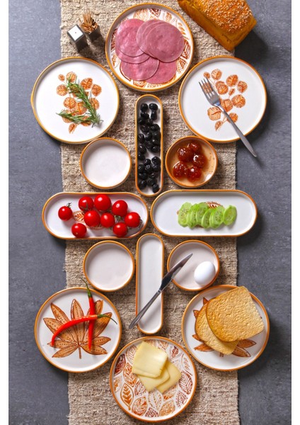 14 Parça 6 Kişilik Handmade Kahve Yaprak Kahvaltı Takımı - Lüx Kahvaltılık Sunum Seti