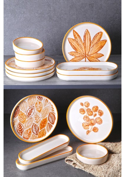 14 Parça 6 Kişilik Handmade Kahve Yaprak Kahvaltı Takımı - Lüx Kahvaltılık Sunum Seti