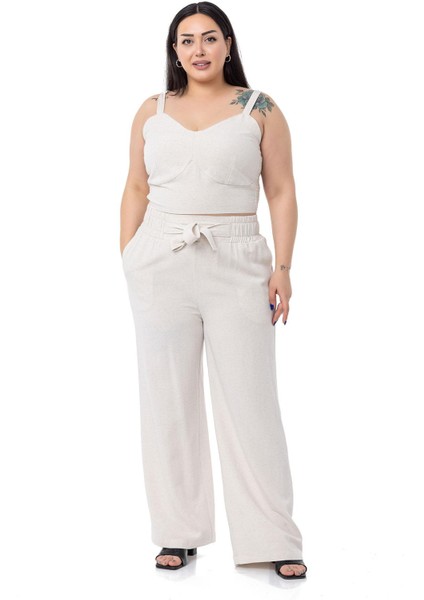 Büyük Beden Büstiyer Pantolon Bej Rengi Ikili Takım