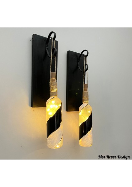 LED Işıklı Ahşap Siyah Renkli Vitray Cam Salon Bar Bahçe Dekoru Şarap Şişesi Duvar Aplik 2'li Set