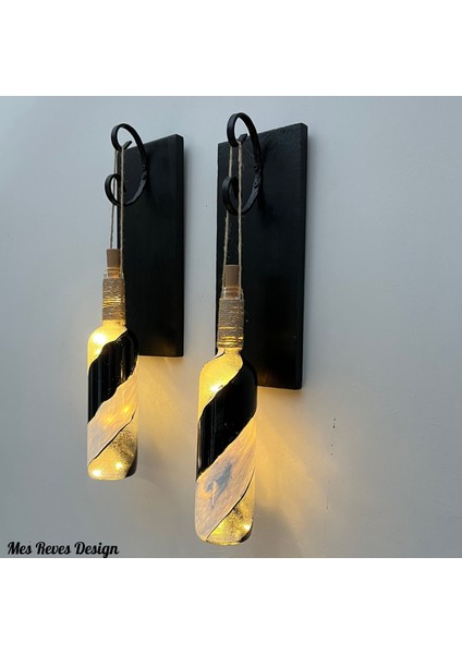 LED Işıklı Ahşap Siyah Renkli Vitray Cam Salon Bar Bahçe Dekoru Şarap Şişesi Duvar Aplik 2'li Set