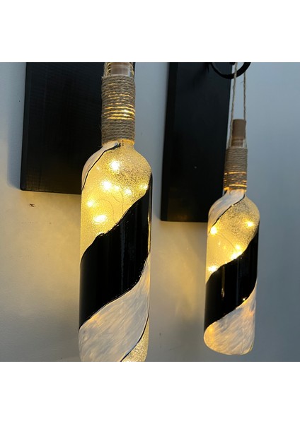 LED Işıklı Ahşap Siyah Renkli Vitray Cam Salon Bar Bahçe Dekoru Şarap Şişesi Duvar Aplik 2'li Set