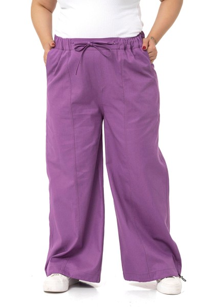 Büyük Beden Geniş Paça Gabardin Mor Pantolon