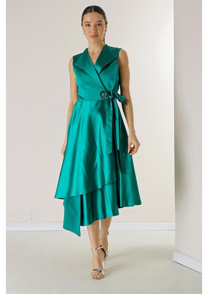 Kruvaze Yaka Bağcıklı Saten Elbise