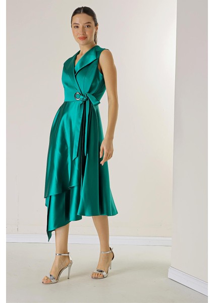 Kruvaze Yaka Bağcıklı Saten Elbise modelleri