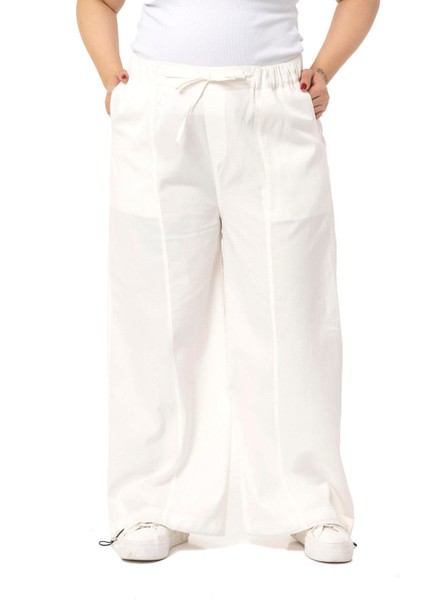 Büyük Beden Geniş Paça Gabardin Beyaz Pantolon