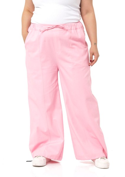 Büyük Beden Geniş Paça Gabardin Pembe Pantolon