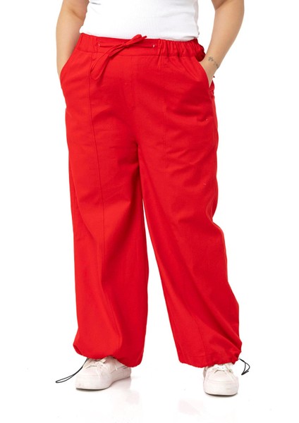 Büyük Beden Geniş Paça Gabardin Kırmızı Pantolon