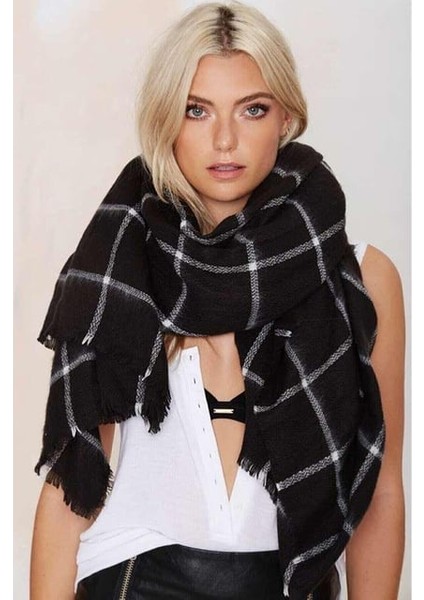 Kadın Çizgili Siyah Şal Atkı