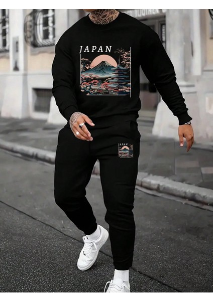 Erkek Siyah Scenery Baskılı Günlük Eşofman Takımı