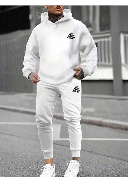 Erkek Beyaz Geometric Model Sweatshirt Sweatsuit Eşofman Takımı