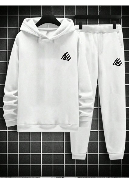 Erkek Beyaz Geometric Model Sweatshirt Sweatsuit Eşofman Takımı modelleri