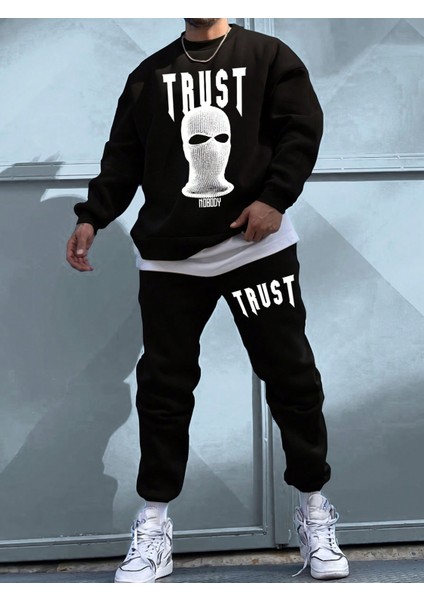 Erkek Siyah Baskılı Bisiklet Yaka Sweatshirt Jogger Eşofman