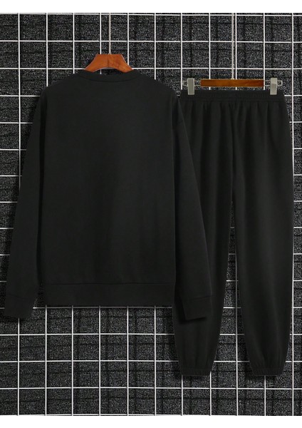 Erkek Siyah Baskılı Bisiklet Yaka Sweatshirt Jogger Eşofman fiyatları