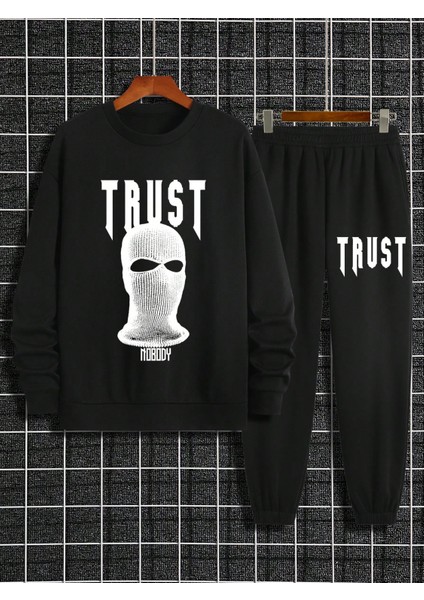 Erkek Siyah Baskılı Bisiklet Yaka Sweatshirt Jogger Eşofman modelleri