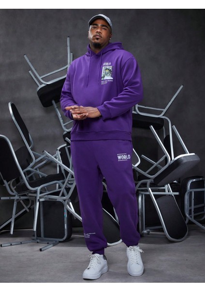 Erkek Mor Plus Yazılı Baskılı Sweatshirt Sweatshirt Eşofman Takımı