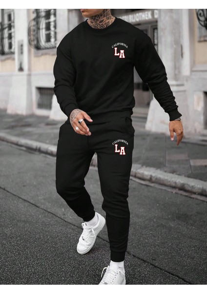 Erkek Siyah Baskılı Bisiklet Yaka Sweatshirt Eşofman Takımı