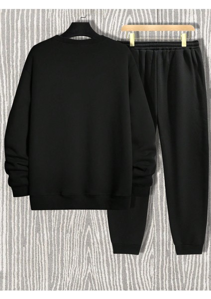 Erkek Siyah Baskılı Bisiklet Yaka Sweatshirt Eşofman Takımı fiyatları