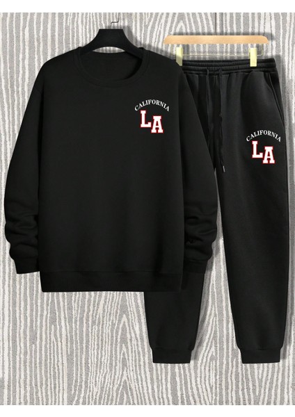 Erkek Siyah Baskılı Bisiklet Yaka Sweatshirt Eşofman Takımı modelleri