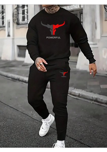 Erkek Siyah Baskılı Long Uzun Kollu Sweatshirt Eşofman Takımı Takımı