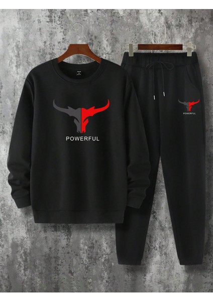 Erkek Siyah Baskılı Long Uzun Kollu Sweatshirt Eşofman Takımı Takımı modelleri