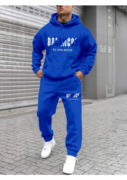 Erkek Mavi Baskılı Kanguru Cepli Joggers