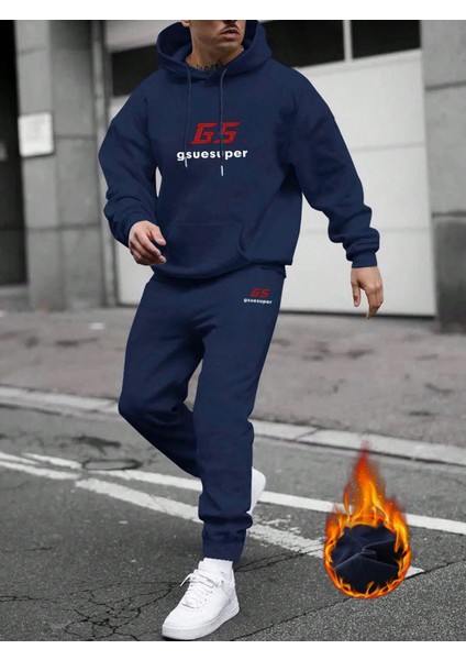 Erkek Indigo Mavi Thickened Sweatshirt Sport Tracksuit Kalın Featuring Eşofman Takımı
