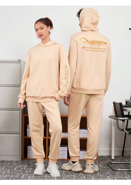 Erkek Bej Unisex Örme Kumaş Günlük Sweatsuit Sweatshirt Eşofman Takımı