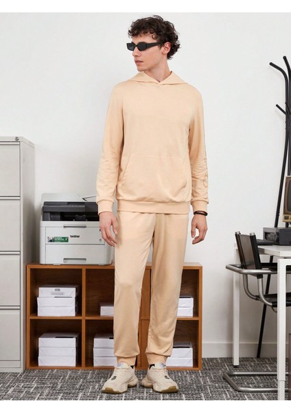 Erkek Bej Unisex Örme Kumaş Günlük Sweatsuit Sweatshirt Eşofman Takımı fırsatları