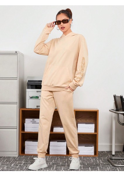 Erkek Bej Unisex Örme Kumaş Günlük Sweatsuit Sweatshirt Eşofman Takımı indirimleri