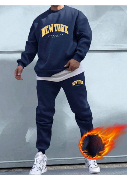 Erkek Indigo Mavi Fit Kalın Bisiklet Yaka Baskılı Sweatshirt Jogger Eşofman