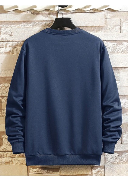 Erkek Indigo Mavi Fit Kalın Bisiklet Yaka Baskılı Sweatshirt Jogger Eşofman fiyatları