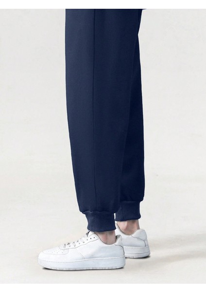 Erkek Indigo Mavi Fit Kalın Bisiklet Yaka Baskılı Sweatshirt Jogger Eşofman indirimleri