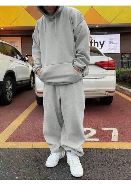 Erkek Gri Simple Front Pocket Sweatshirt Sweatshirt Eşofman Takımı Takımı