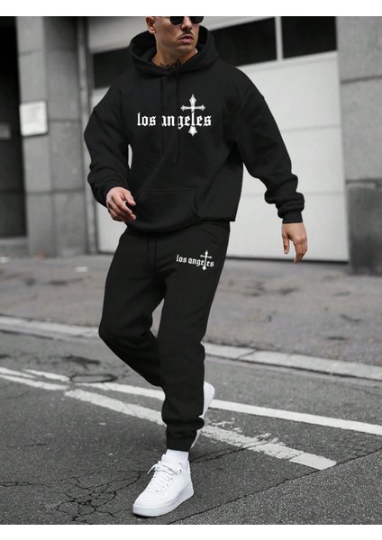 Erkek Siyah Baskılı Sweatshirt Sweatshirt Jogger Eşofman Outfits Kalın