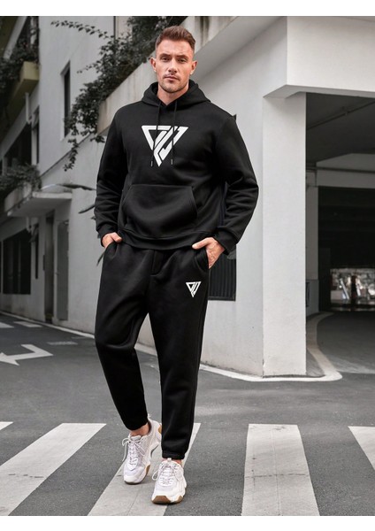 Erkek Siyah Plus Geometric Baskılı Sweatshirt Sweatshirt Joggers