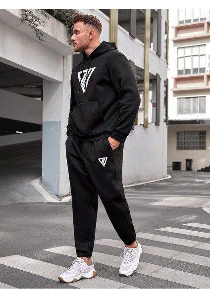 Erkek Siyah Plus Geometric Baskılı Sweatshirt Sweatshirt Joggers fırsatları