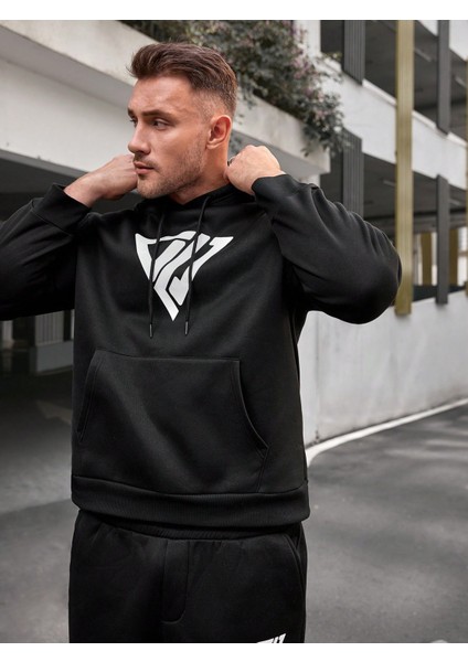 Erkek Siyah Plus Geometric Baskılı Sweatshirt Sweatshirt Joggers indirimleri