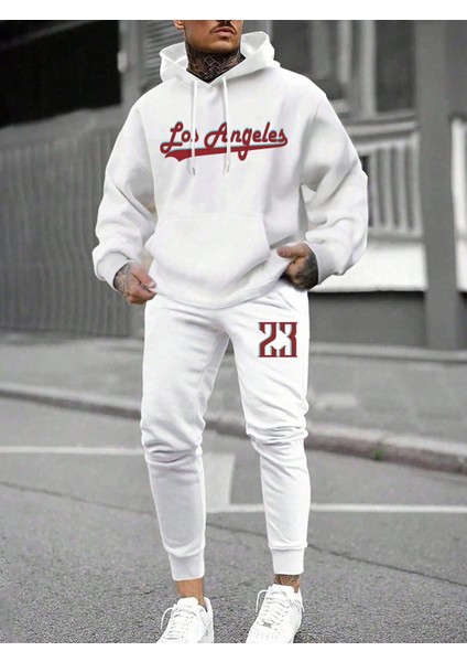 Erkek Beyaz Plus Baskılı Jogger Eşofman Günlük For