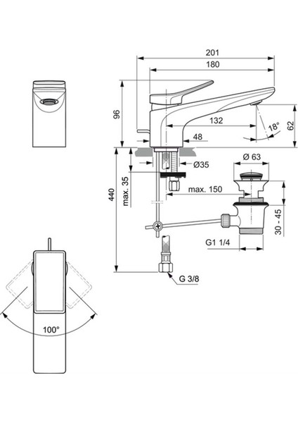 BC753GN Conca Lavabo Bataryası 5l/dk Gümüş Fırtına Sifon Kumandalı