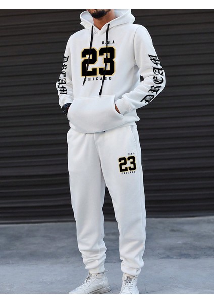 Erkek Beyaz Sweatshirt Sweatshirt Eşofman Takımı Kanguru Cepli Baskılı Numbers Letters
