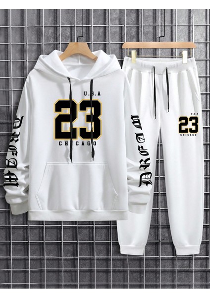 Erkek Beyaz Sweatshirt Sweatshirt Eşofman Takımı Kanguru Cepli Baskılı Numbers Letters fiyatları
