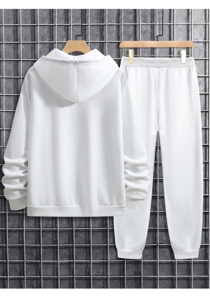 Erkek Beyaz Sweatshirt Sweatshirt Eşofman Takımı Kanguru Cepli Baskılı Numbers Letters modelleri